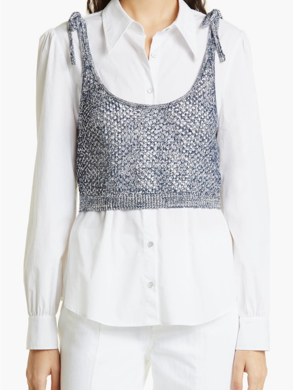 Cinq a Sept Tie-Shoulder Knit Crop Tank Top in Blue